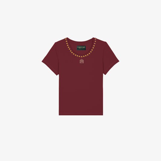 LADY DADA - T-Shirt bordeaux con borchie oro satinato